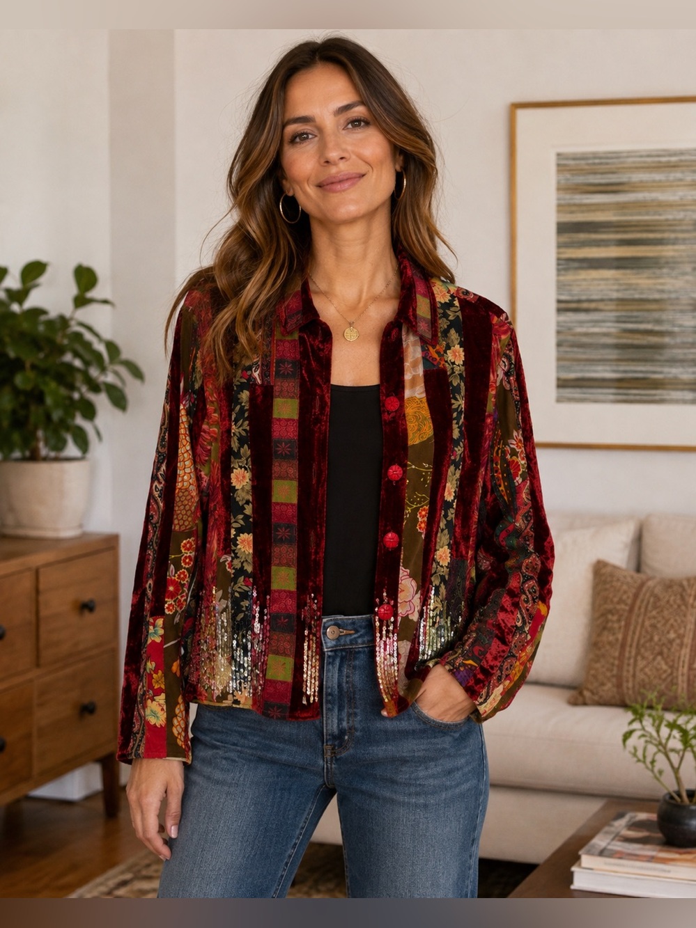 Coldwater Creek Red Multicolor Patchwork whimsygoth Velvet Blazer